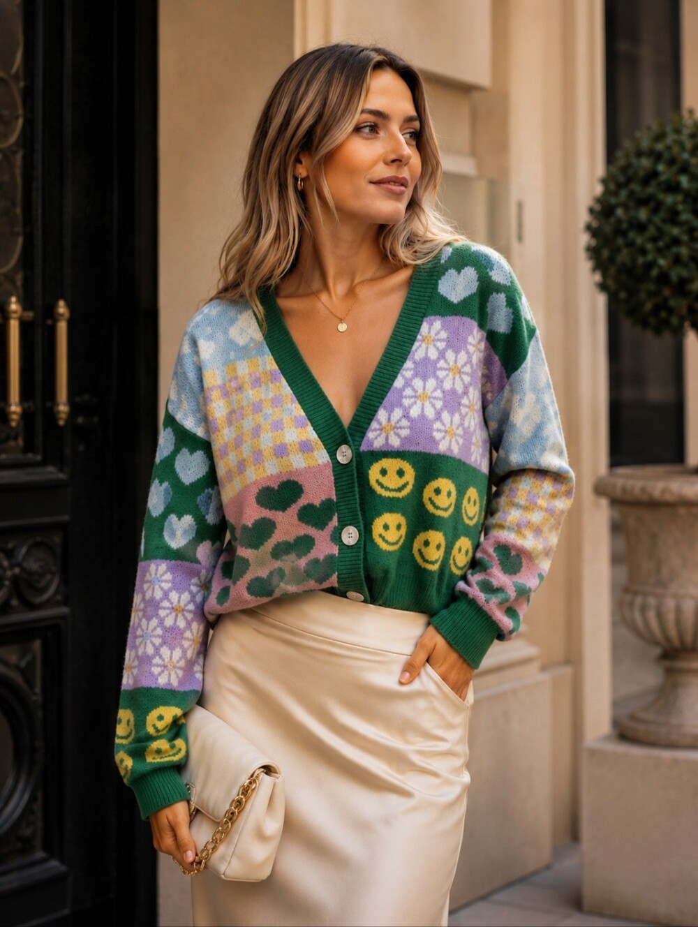 Emerald Green Happy Face Patchwork Cardi Sweater| M/L | Daisy Heart Graphic EUC - Picture 7 of 8